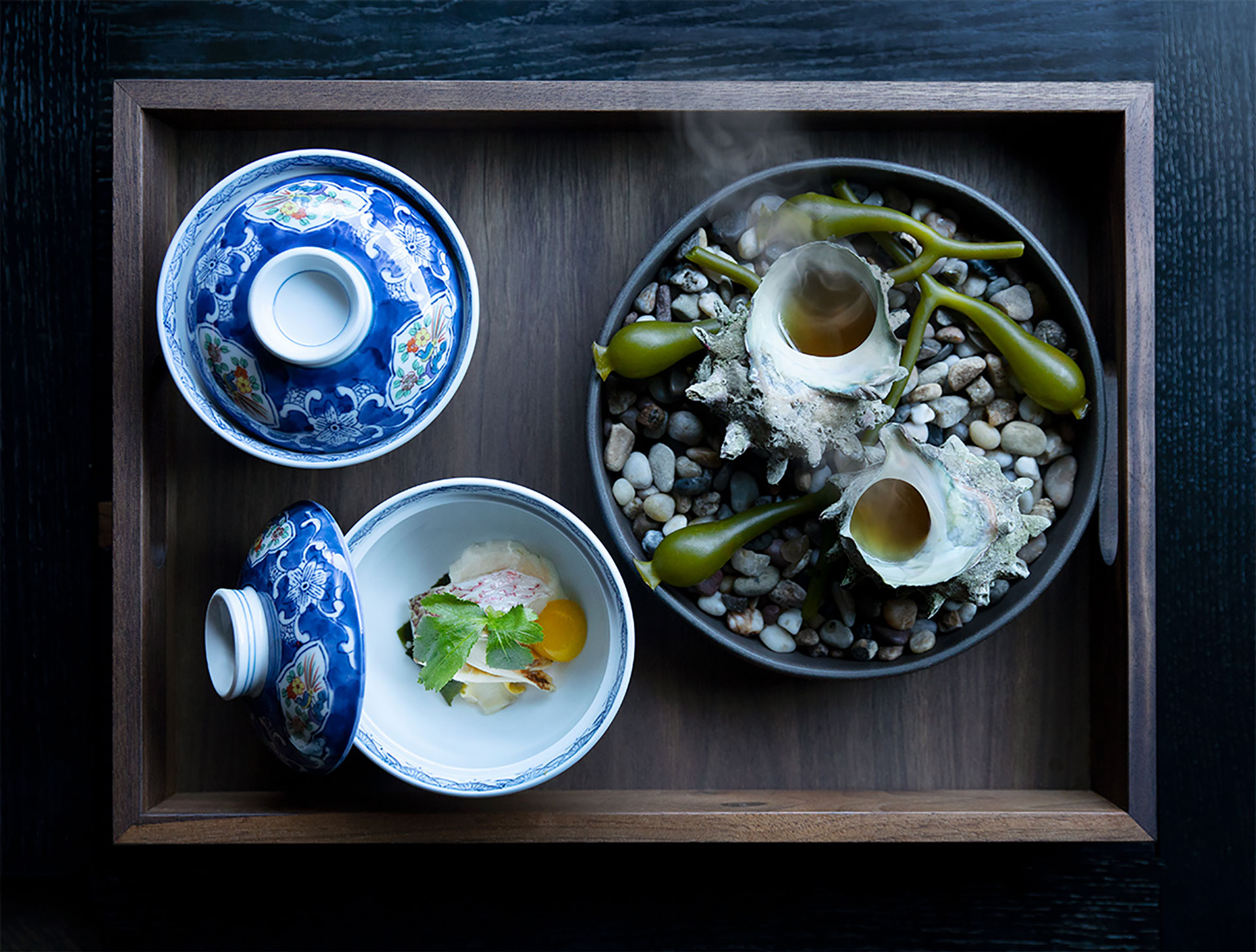 mushimono on tray with oysters, egg, fish and broth